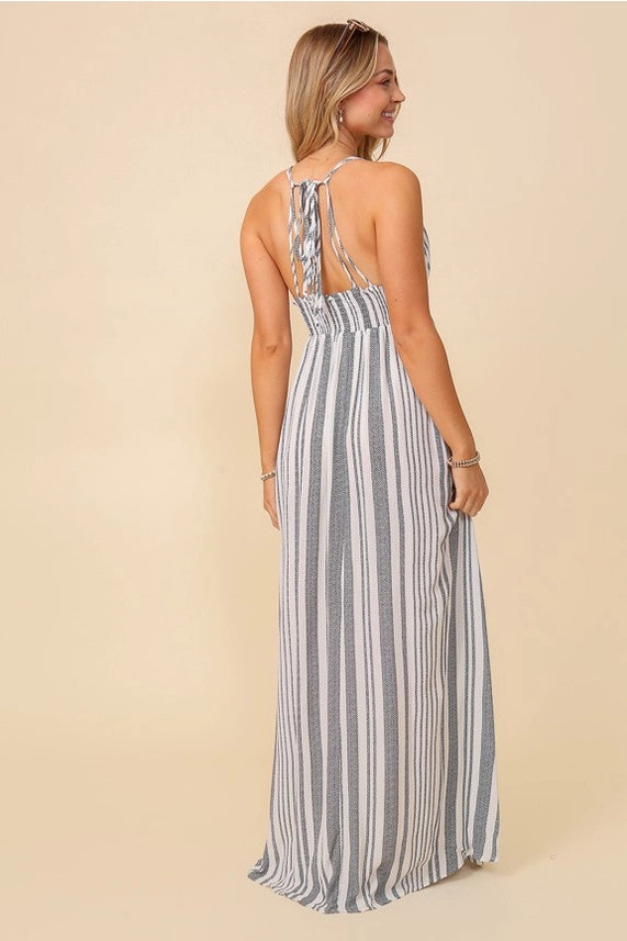 Vacay Halter Maxi Striped Sundress - Black & White, photo 3 of 5