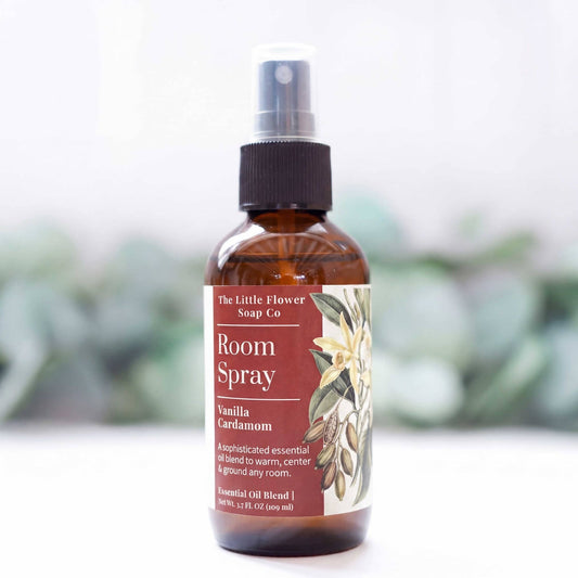 Vanilla Cardamom essential oil room spray, a 3.7 oz natural home fragrance mist