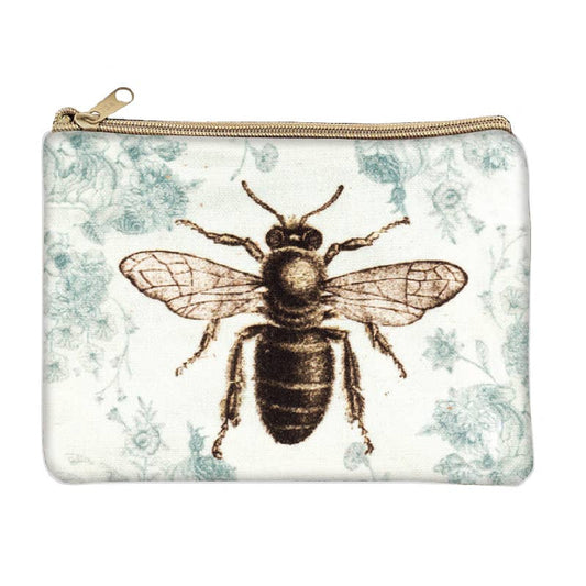Pale mint zip coin purse printed with a single honeybee drawn in the style of a vintage botanical plate