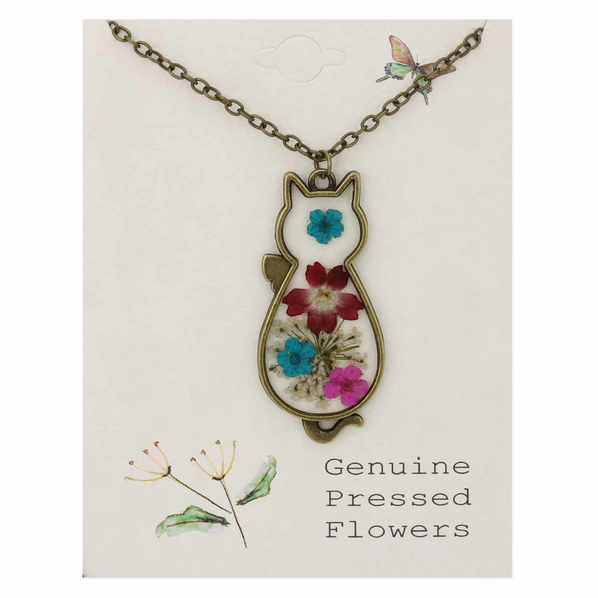 Vintage Cat Silhouette Dried Flower Necklace, gold-tone
