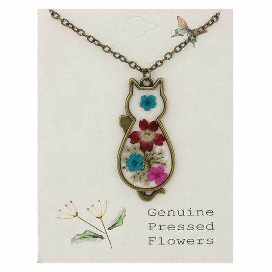 Vintage Cat Silhouette Dried Flower Necklace, gold-tone