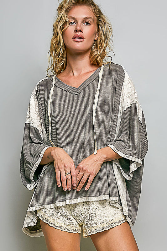 V-Neck Lace-Patch Hoodie Top - Grey