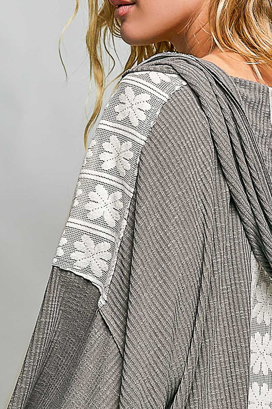 V-Neck Lace-Patch Hoodie Top - Grey, photo 2 of 3