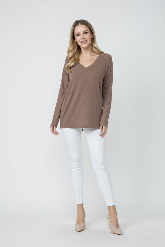 V-Neck Long Sleeve Top with Rhinestone Sleeves - Mocha, photo 2 of 3