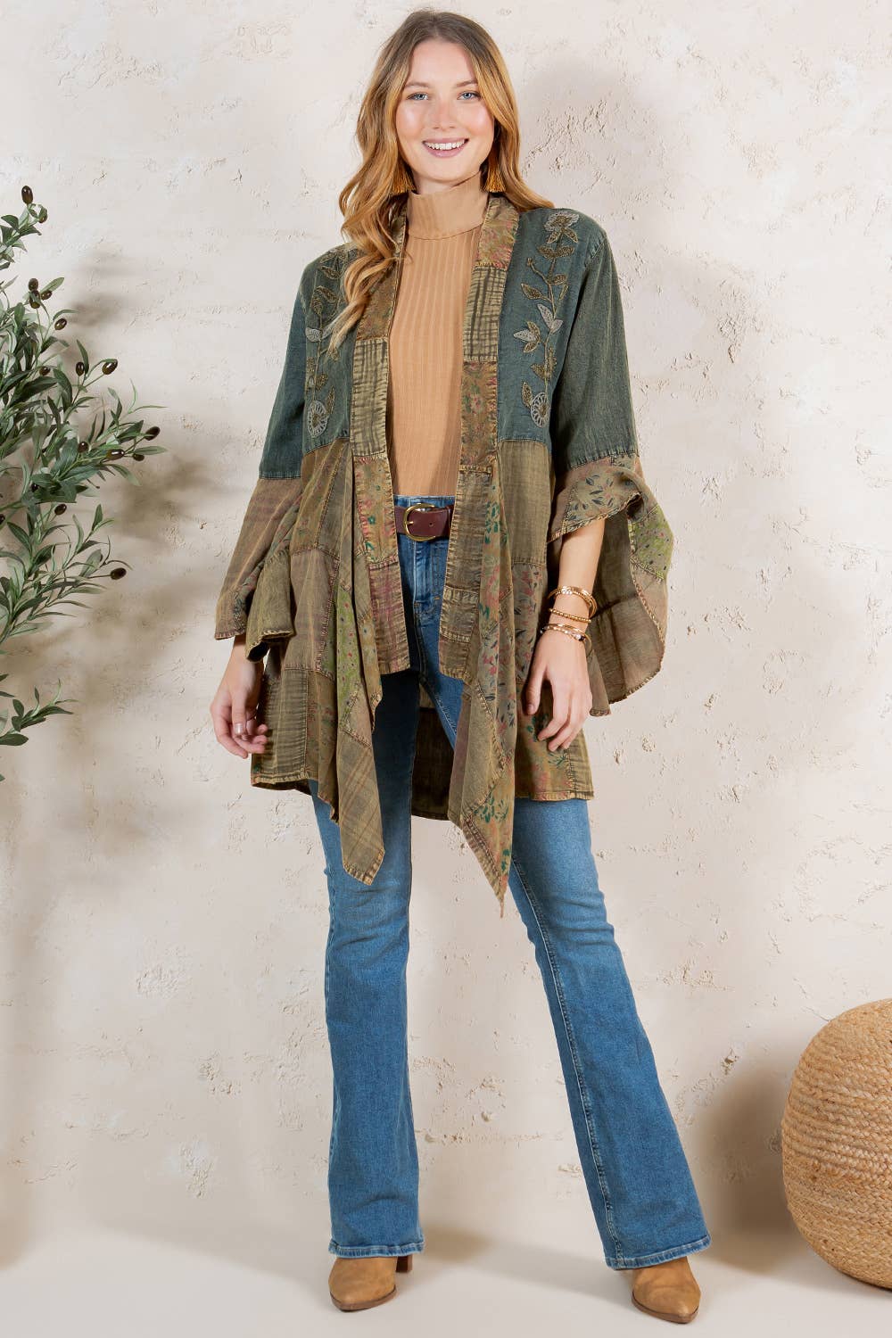 Gravel denim-blend long shrug with artisanal motif embroidery and an open-front, longline silhouette