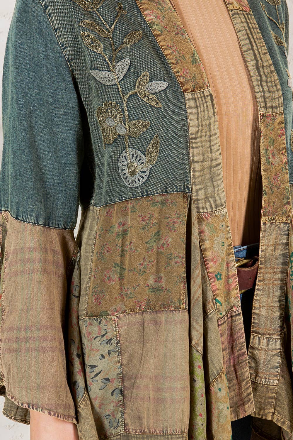 Gravel denim-blend long shrug with artisanal motif embroidery, photo 2 of 7