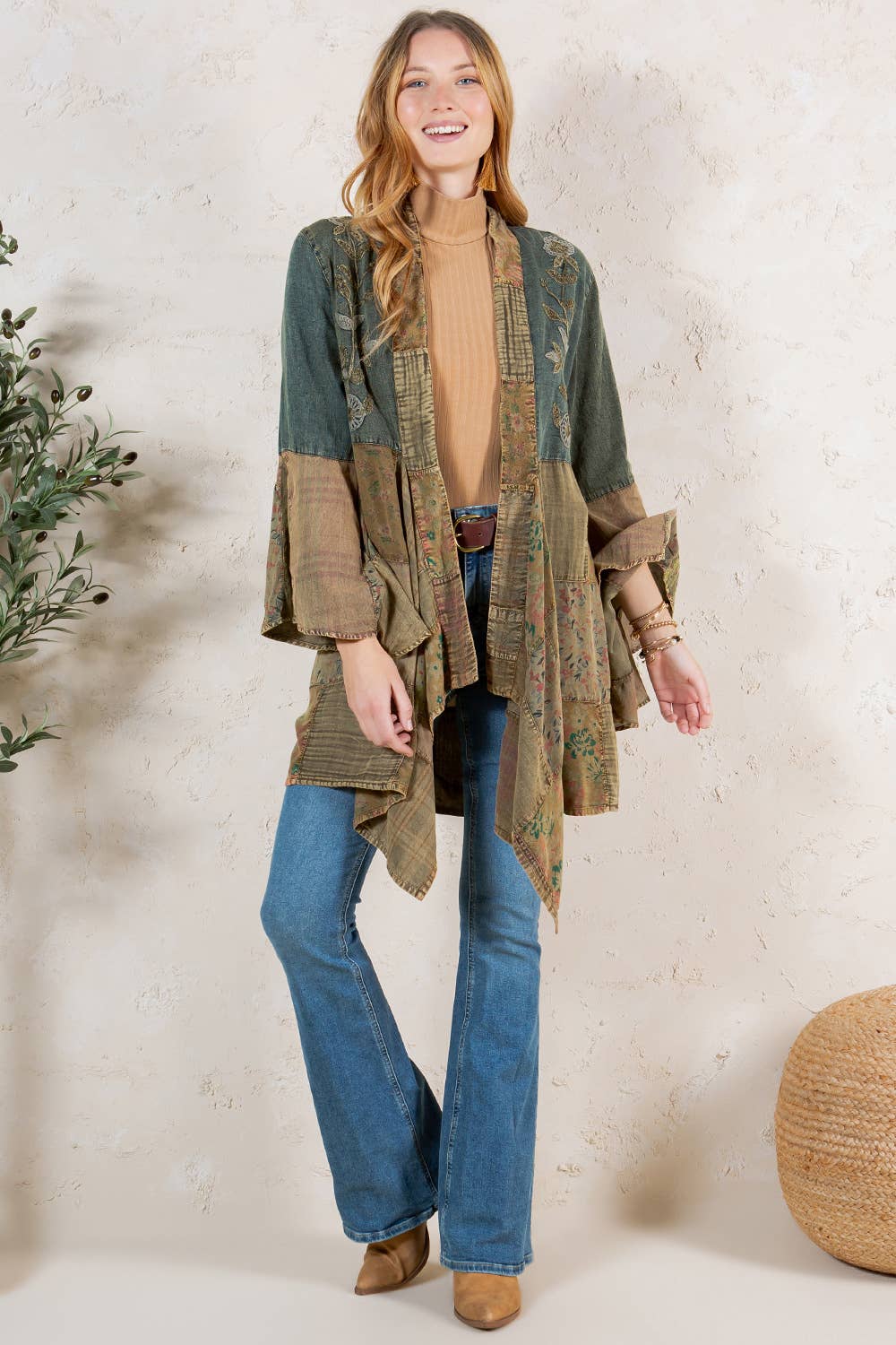 Gravel denim-blend long shrug with artisanal motif embroidery, photo 3 of 7