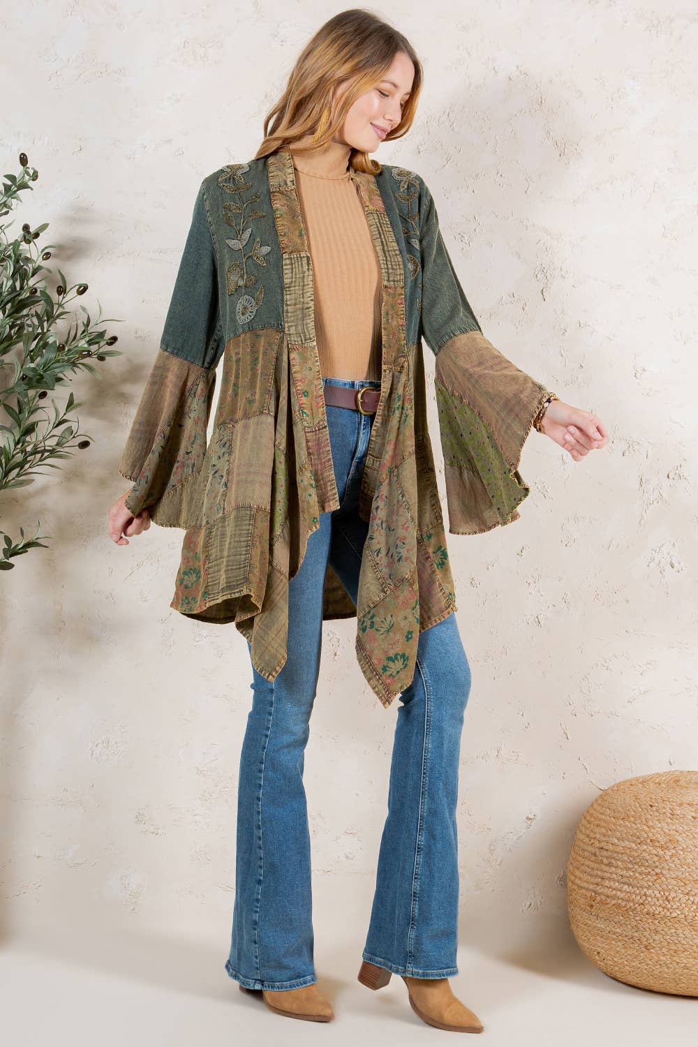 Gravel denim-blend long shrug with artisanal motif embroidery, photo 4 of 7