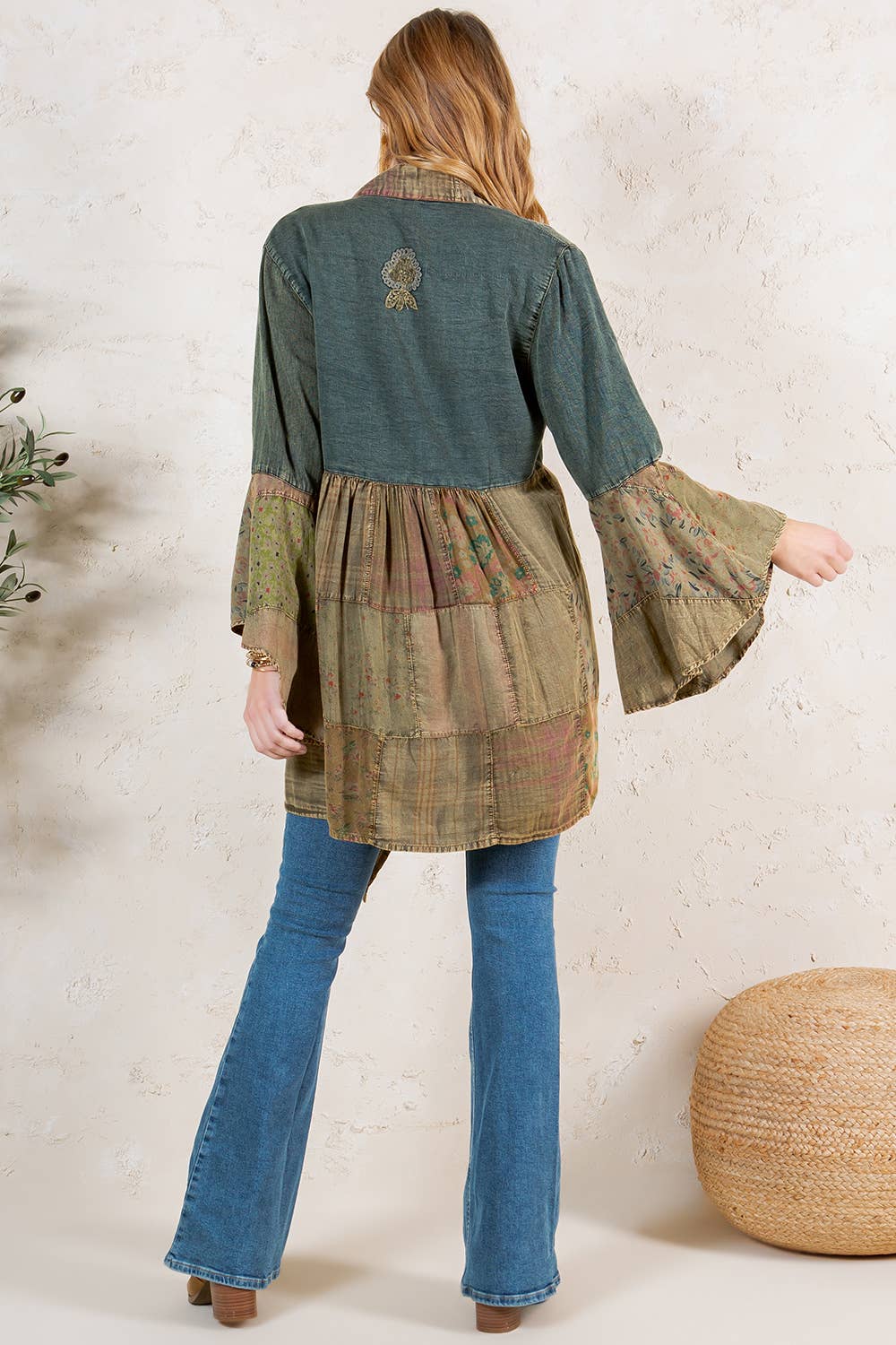 Gravel denim-blend long shrug with artisanal motif embroidery, photo 5 of 7