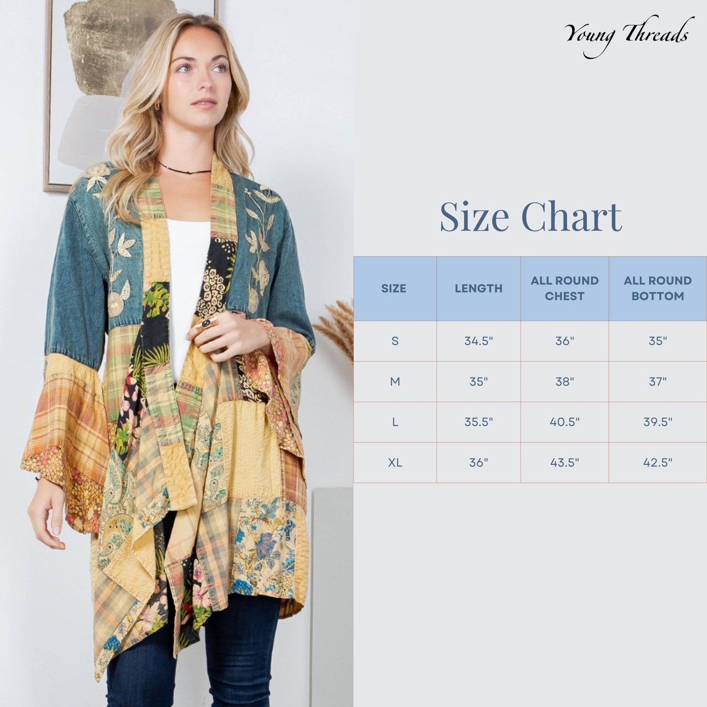 Gravel denim-blend long shrug with artisanal motif embroidery, photo 7 of 7
