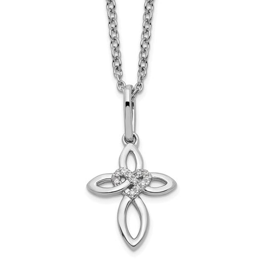 White Ice Diamond Cross & Heart Necklace - Sterling Silver, rhodium plated