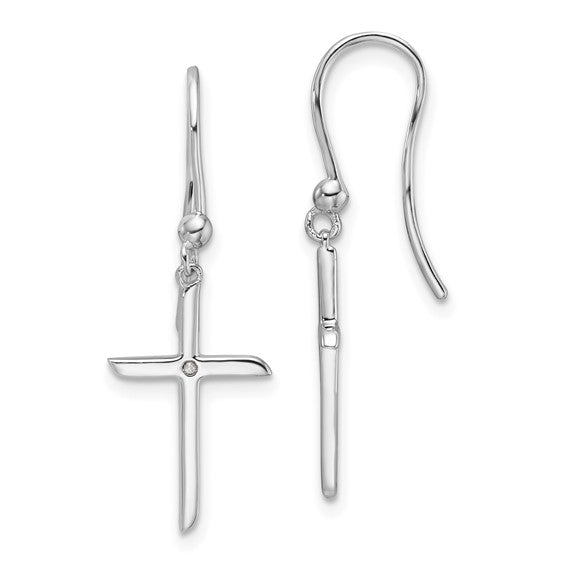 White Ice Diamond Cross Shepherds Hook Dangle Earrings - Sterling Silver, photo 1 of 2