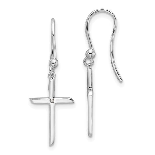 White Ice Diamond Cross Shepherds Hook Dangle Earrings - Sterling Silver, photo 1 of 2