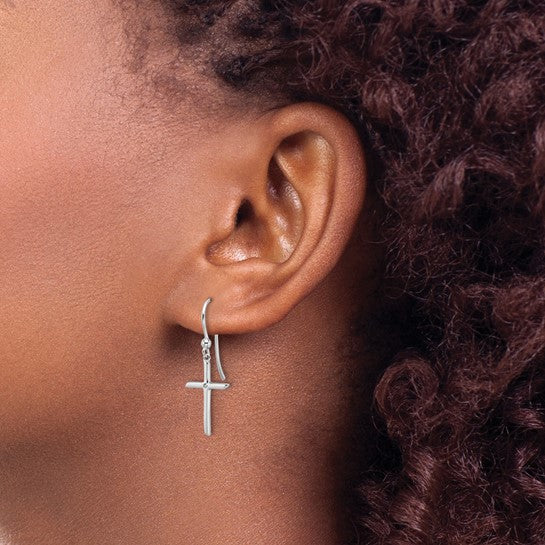 White Ice Diamond Cross Shepherds Hook Dangle Earrings - Sterling Silver, photo 2 of 2