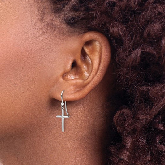 White Ice Diamond Cross Shepherds Hook Dangle Earrings - Sterling Silver, photo 2 of 2
