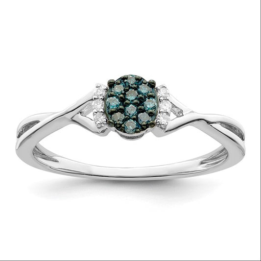 White Night sterling silver oval ring with blue and white diamonds, size 7