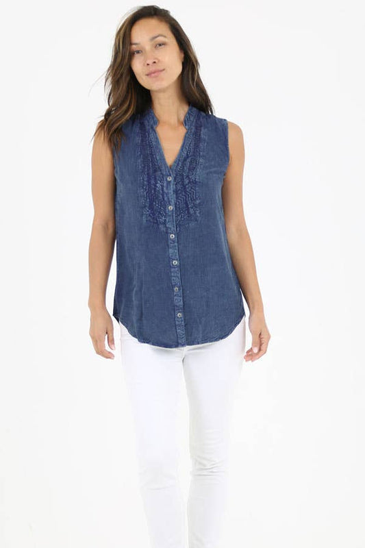 Women's Sleeveless Embroidered Rayon Blouse - Blue