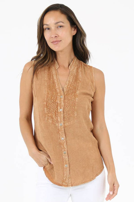 Sleeveless Embroidered Button-Front Blouse - Brown, rayon
