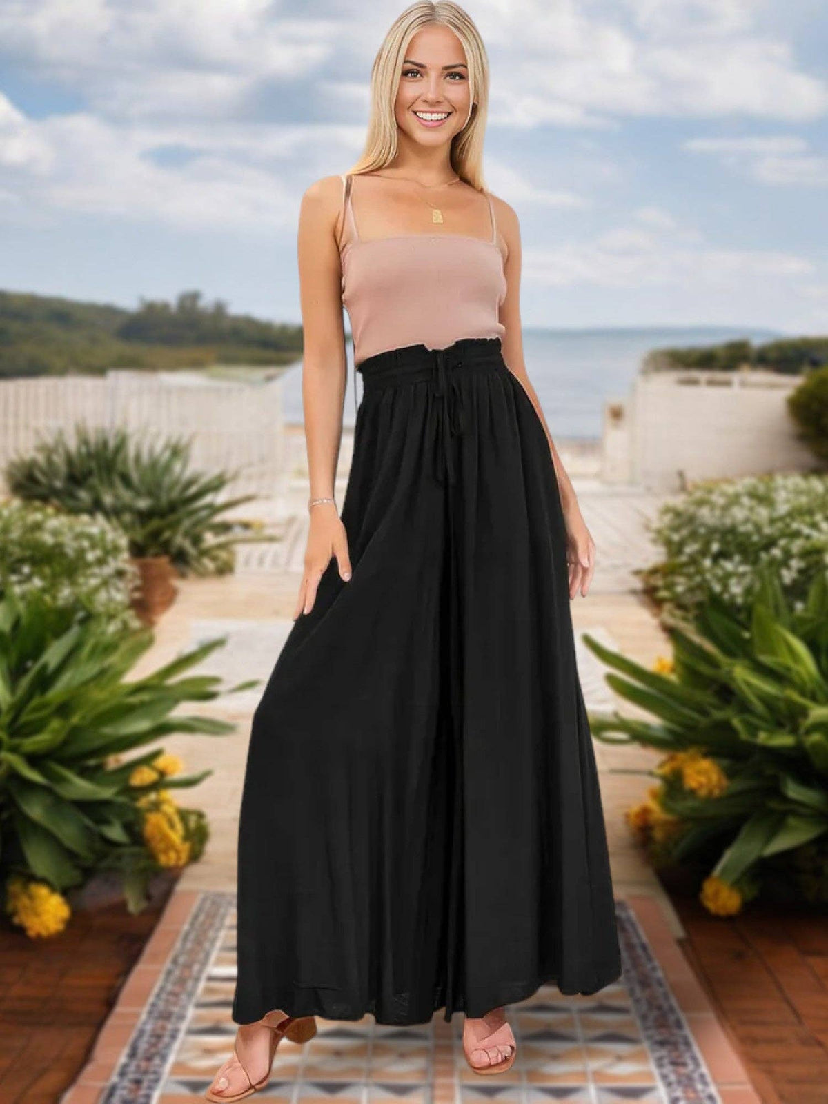 High Waist Wide Leg Drawstring Pants - Black, 100% viscose