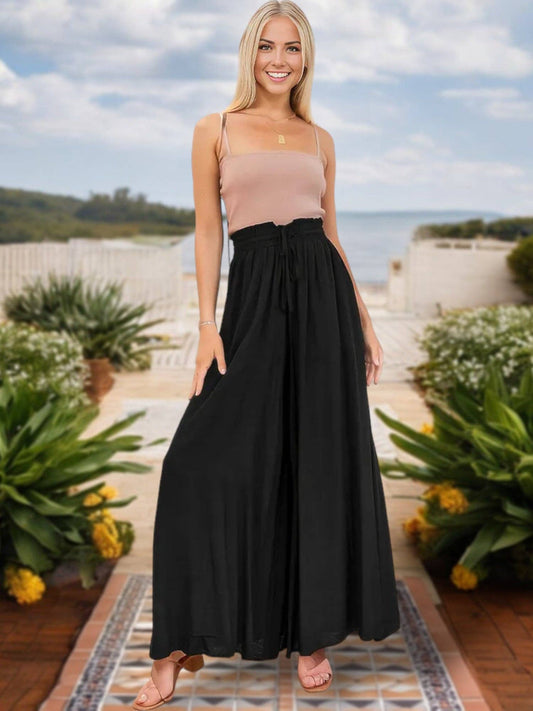 High Waist Wide Leg Drawstring Pants - Black, 100% viscose