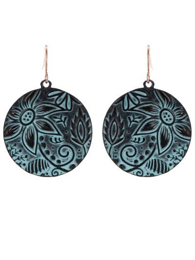 Same sunflower disc earrings in a blue-green patina finish; this listing is worn gold