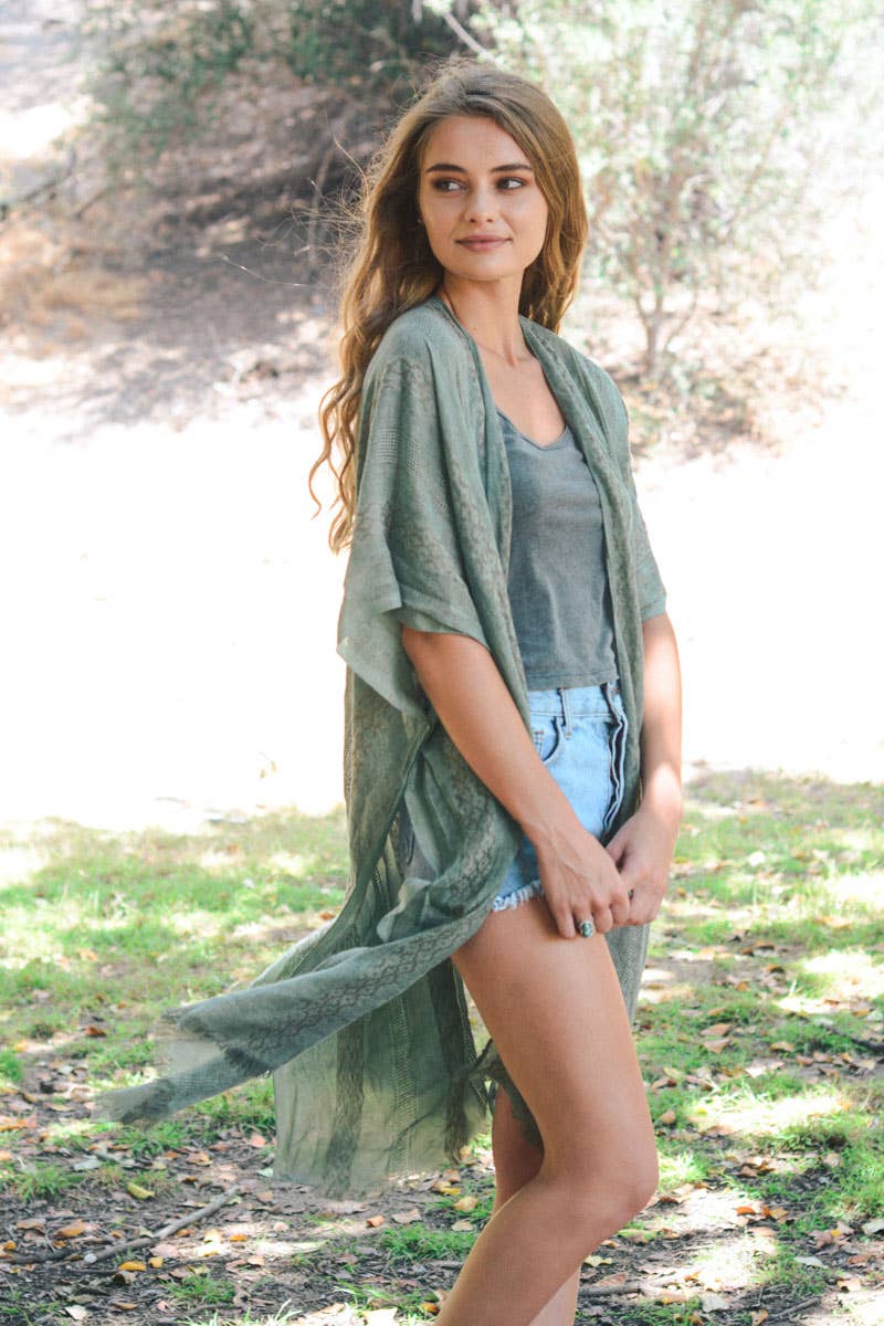 Woven Longline Tribal Kimono - Sage, 100% polyester