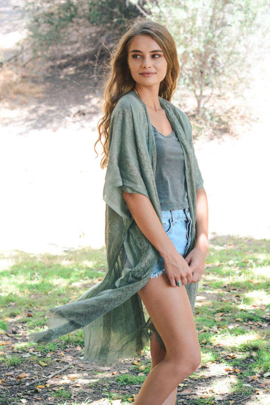 Woven Longline Tribal Kimono: Sage