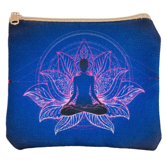 Cobalt blue zip coin purse with a figure seated in lotus position drawn in fine violet line work inside a lotus outline