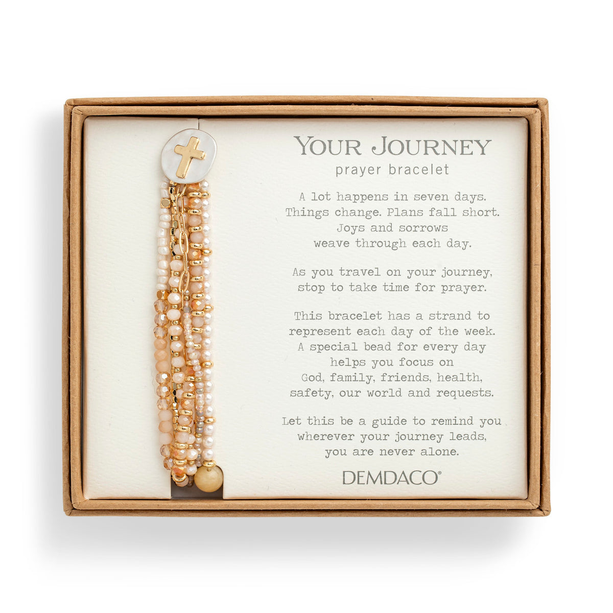 The champagne prayer bracelet mounted on its printed Demdaco Your Journey gift card