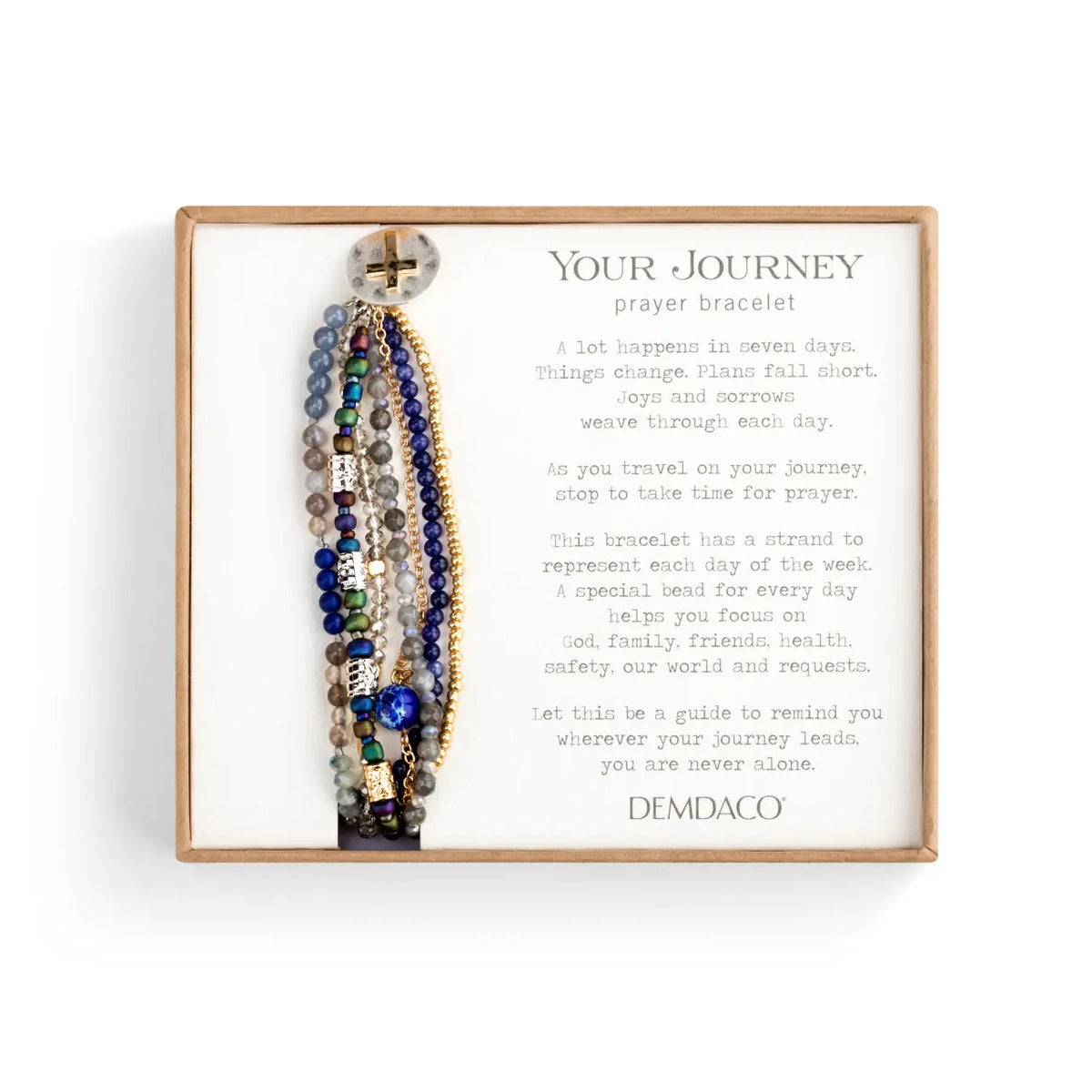 The indigo prayer bracelet mounted on its printed Demdaco Your Journey gift card
