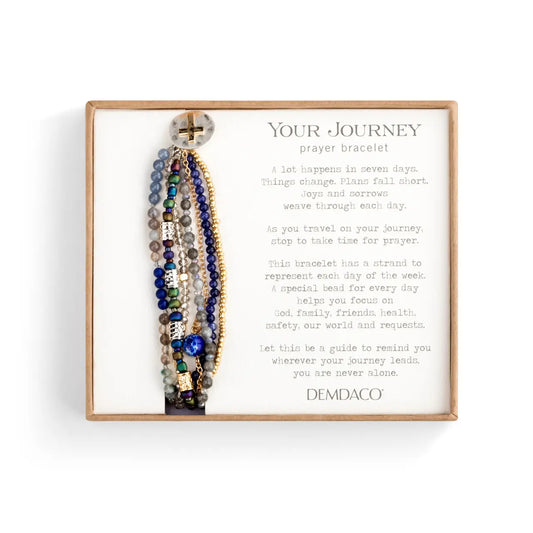 The indigo prayer bracelet mounted on its printed Demdaco Your Journey gift card